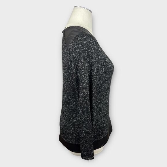 Chico's Size 2 US Large Black Silver Metallic Sweater Faux Leather Shoulders - Picture 2 of 9